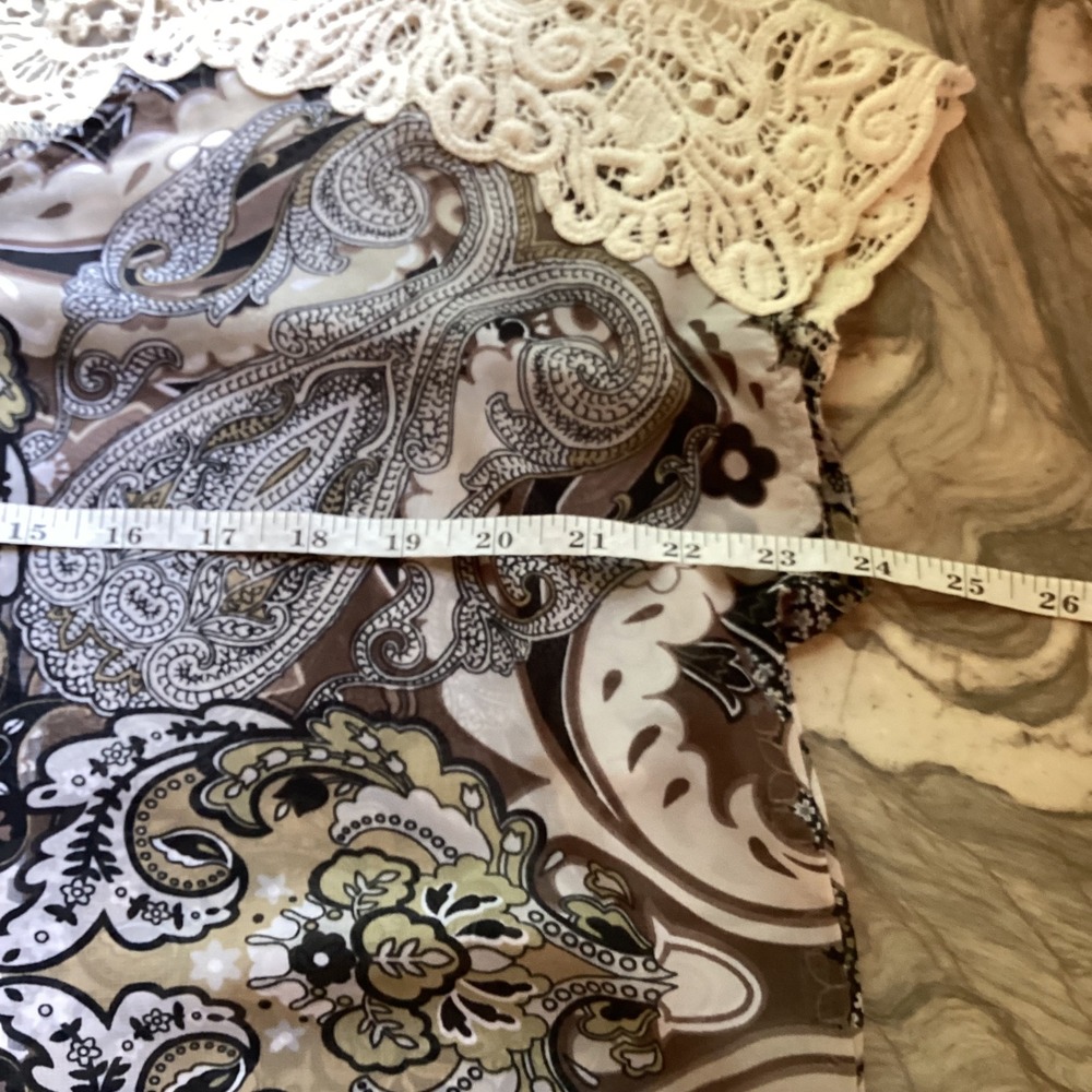 One World Paisley Chiffon Blouse Crochet Lace Shoulder Boho Top Brown Cream PM - Picture 8 of 10